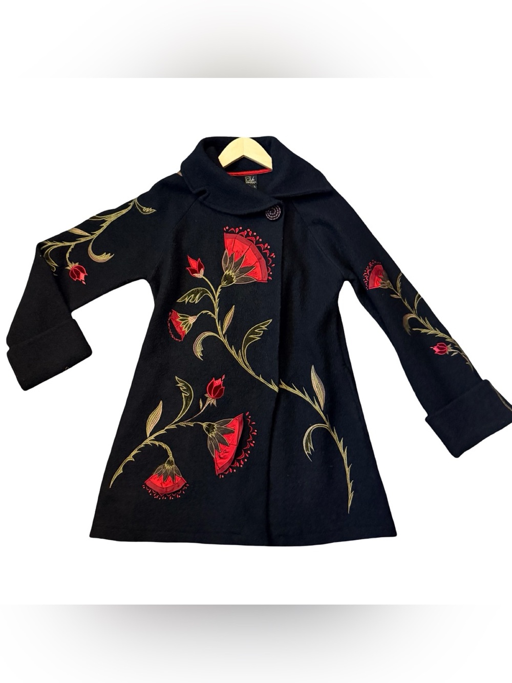 Gorgeous Statement Floral Embroidered Covelo Art Wear Black Wool Coat 🌹 Sz L - Picture 2 of 16